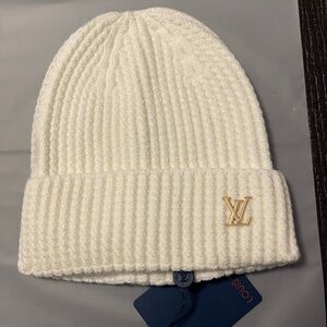 Louis Vuitton Cream Knit Beanie with Gold Logo NWT OS! Last one!